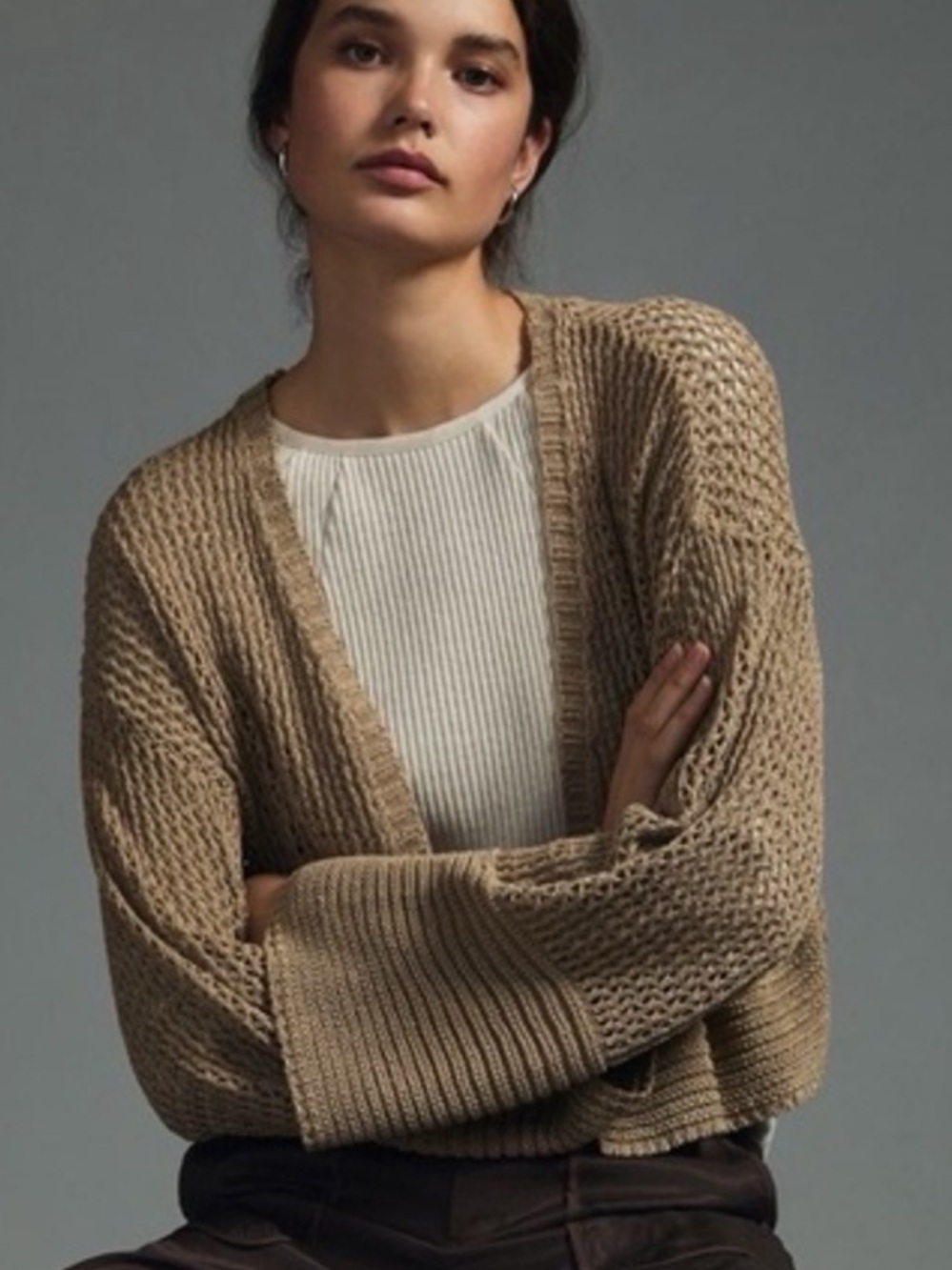 Anthropologie Juliet Crochet Knit Open Front Tan Cardigan